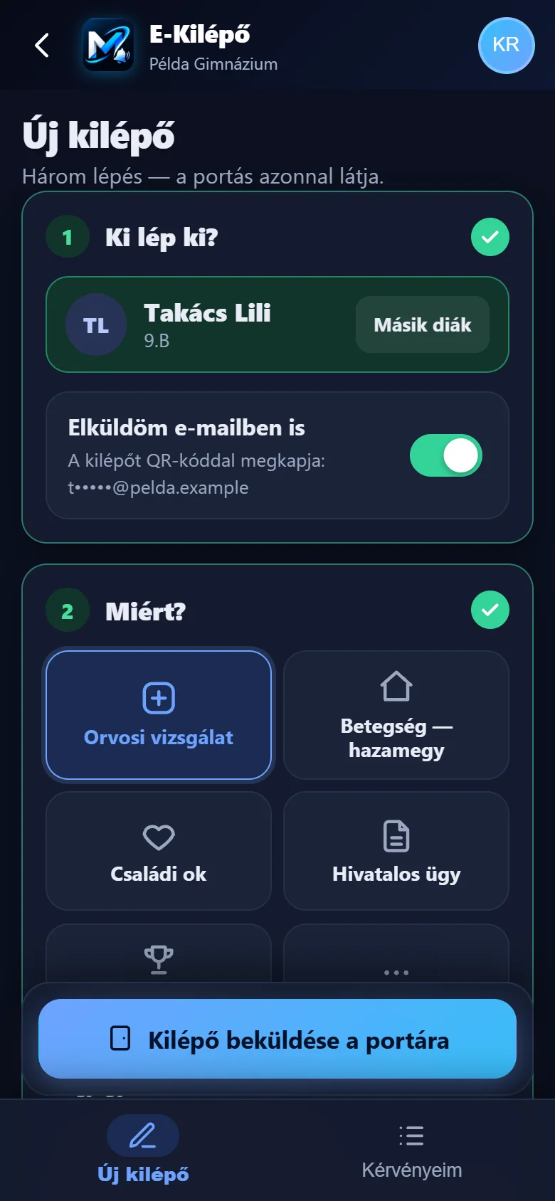 Új kilépő a tanár telefonján: kiválasztott diák, a kilépés oka, beküldés a portára.